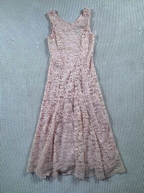 Vintage Xtraordinary Blush Pink Gold Lace Fit Flare Midi Dress Size 8 Formal